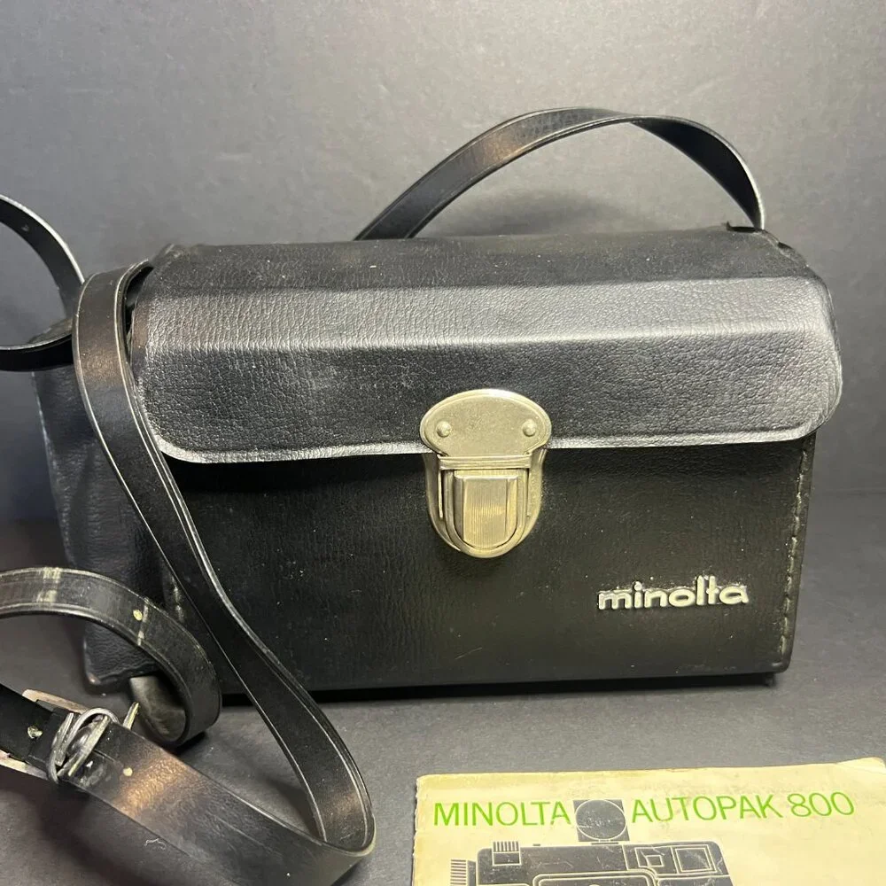 Vintage Minolta Autopak 800 Black Leather Hard Camera Case w/ Strap & Manual
